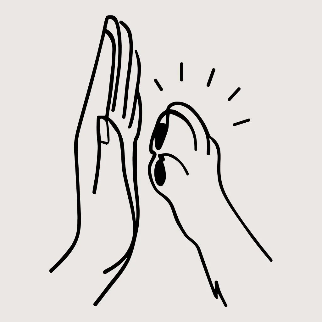 Line drawing of two hands giving a high five with rays indicating excitement or celebration.