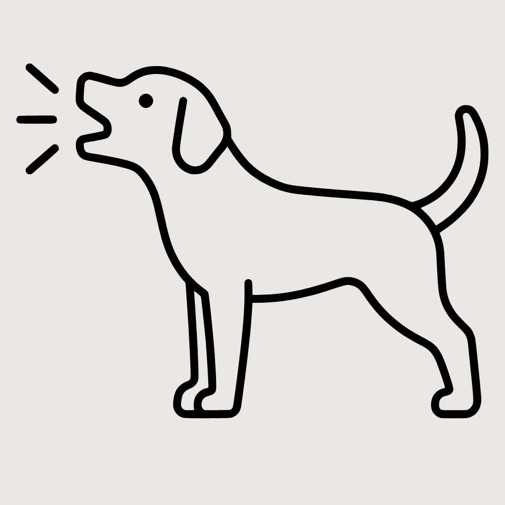Line drawing of a dog barking with sound waves coming from its mouth.