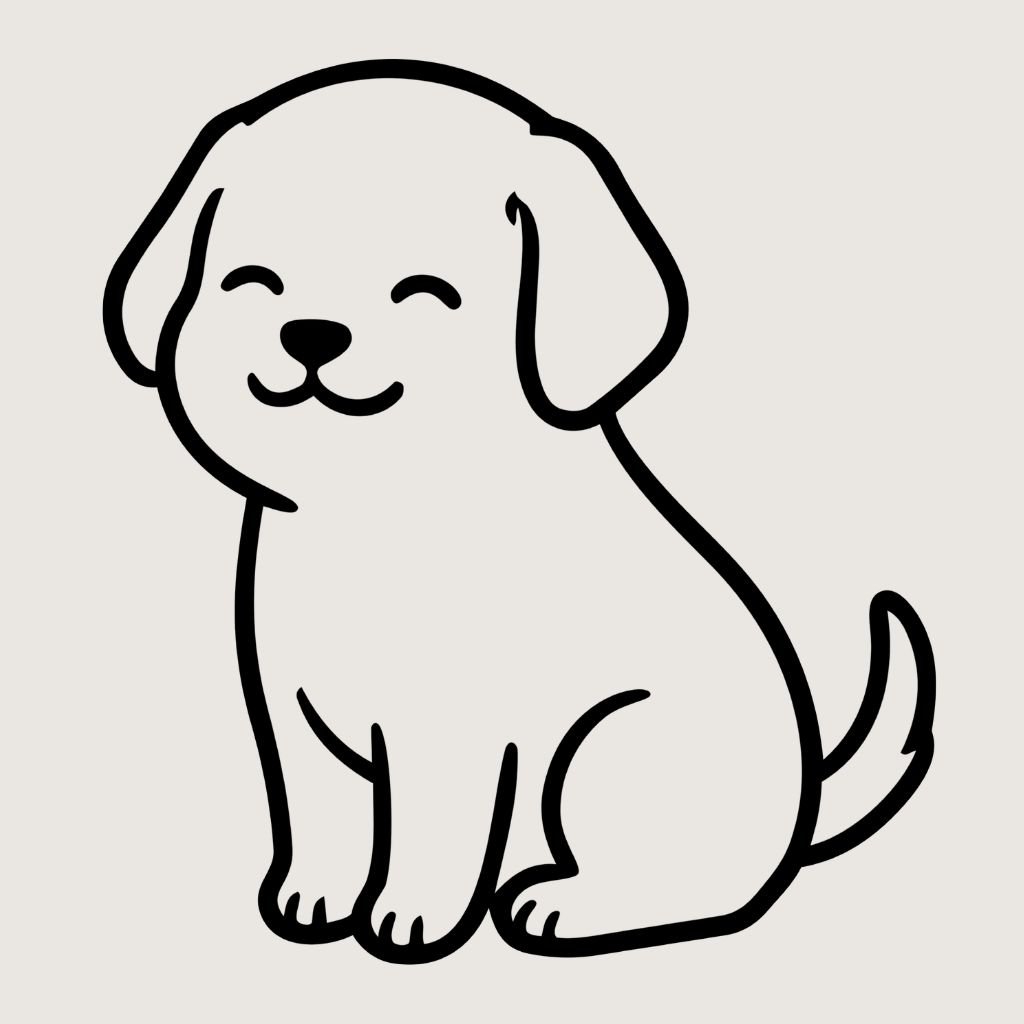 Line drawing of a smiling puppy sitting with its tail curled to the side.