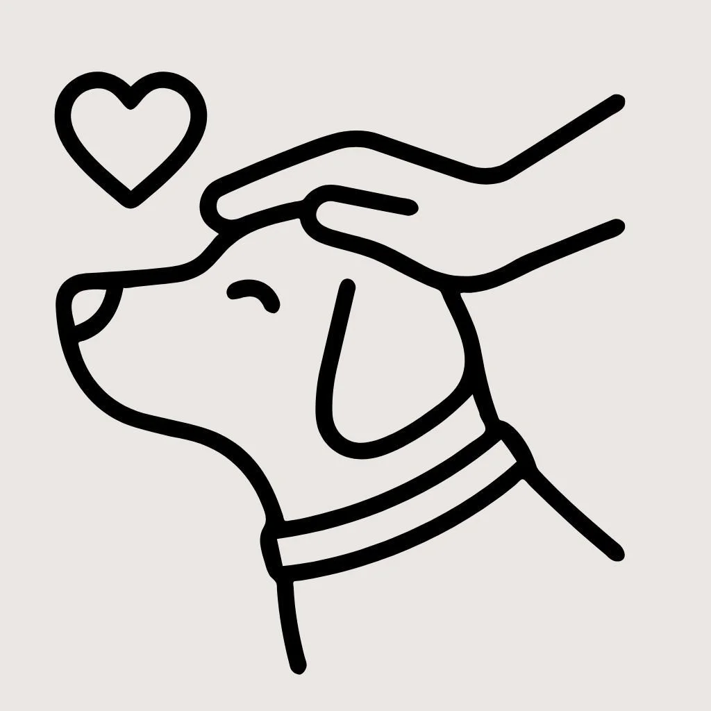 Line drawing of a dog's head with a hand petting it and a heart above, symbolizing love and care for the dog.