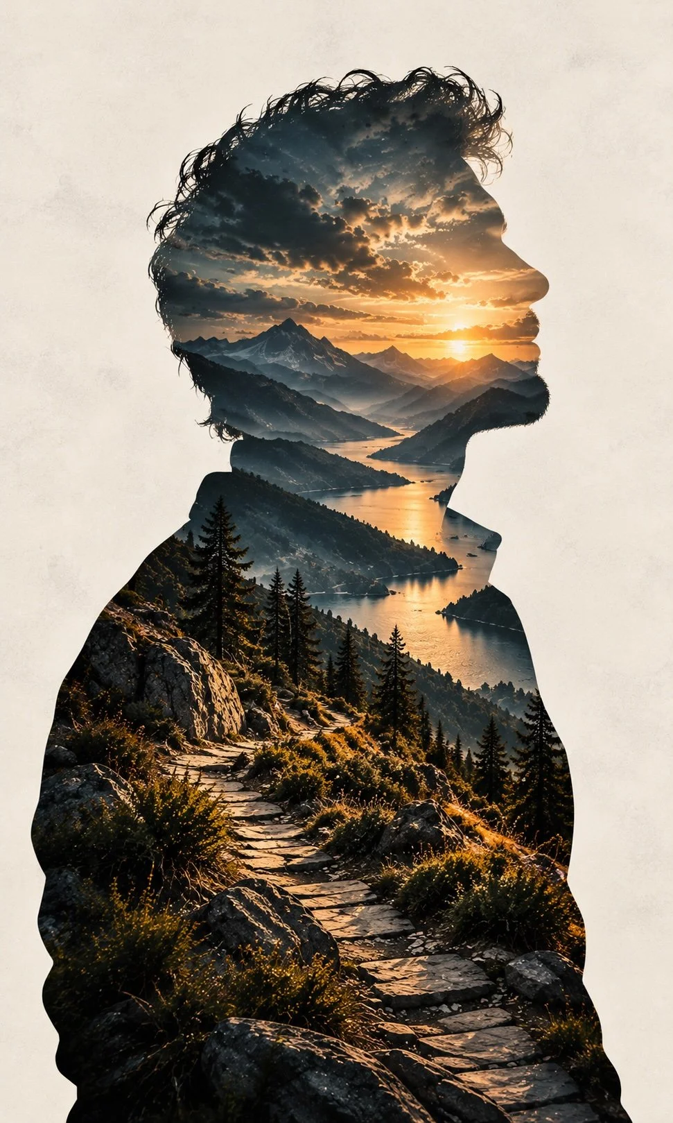 Double-exposure silhouette of a person filled with a sunset mountain landscape, alpine lake, evergreen trees, and a rocky hiking trail