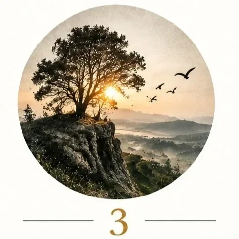 Sunset landscape with a lone tree on a rocky cliff, flying birds, and misty mountains in the background