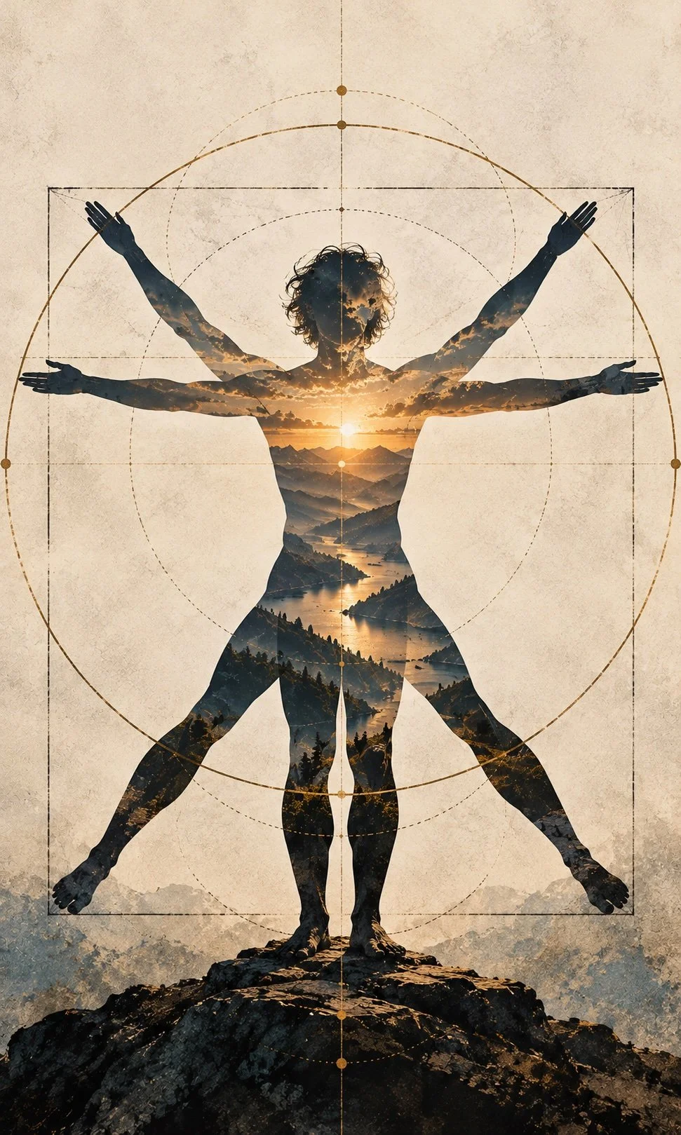 Surreal Vitruvian-style human silhouette with multiple outstretched limbs, filled with a sunset mountain landscape and lake, overlaid on geometric circles and a square.
