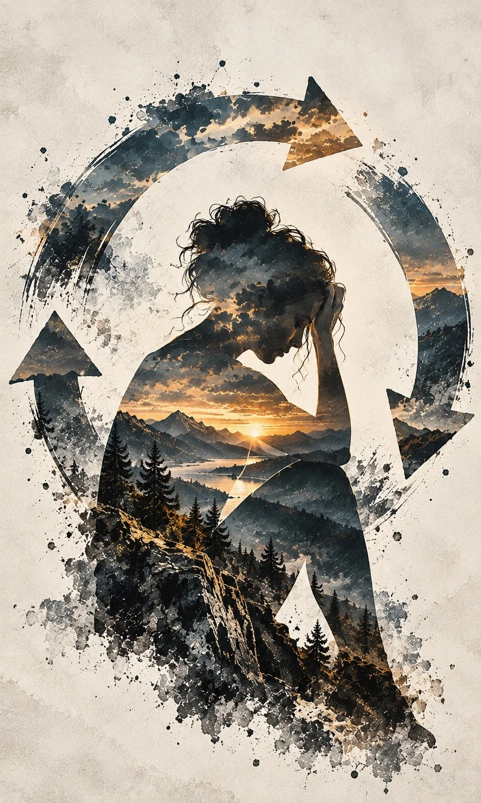 Artistic silhouette of a woman surrounded by circular arrows, filled with a mountain landscape at sunset