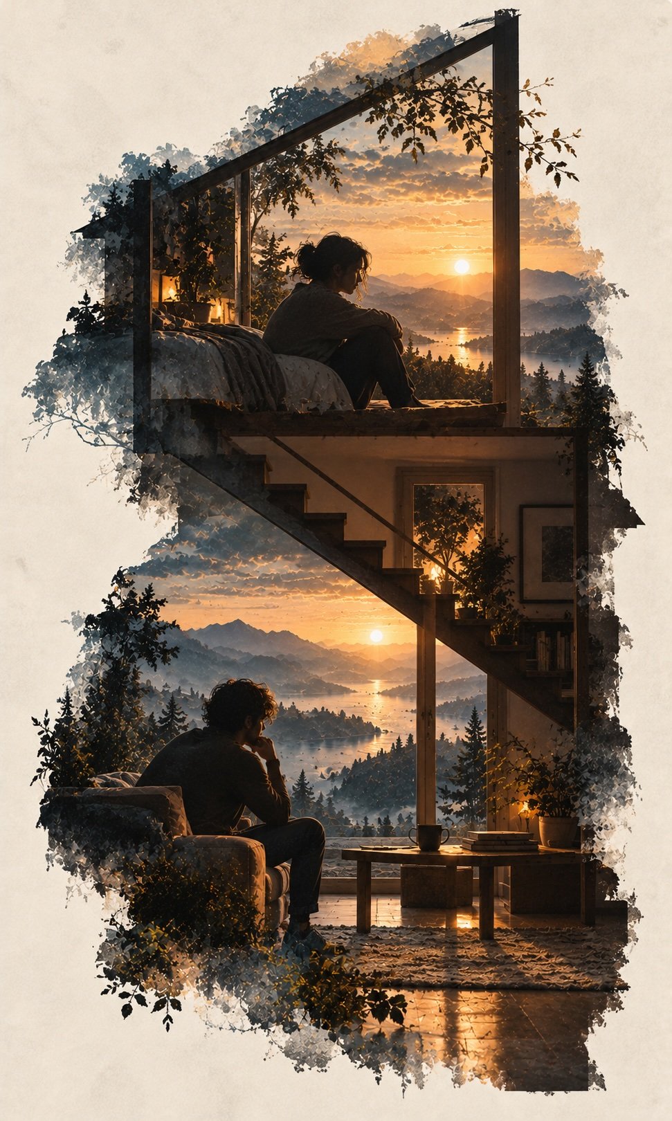 Artistic double-exposure scene of two people relaxing in a sunlit mountain house overlooking a lake at sunset.