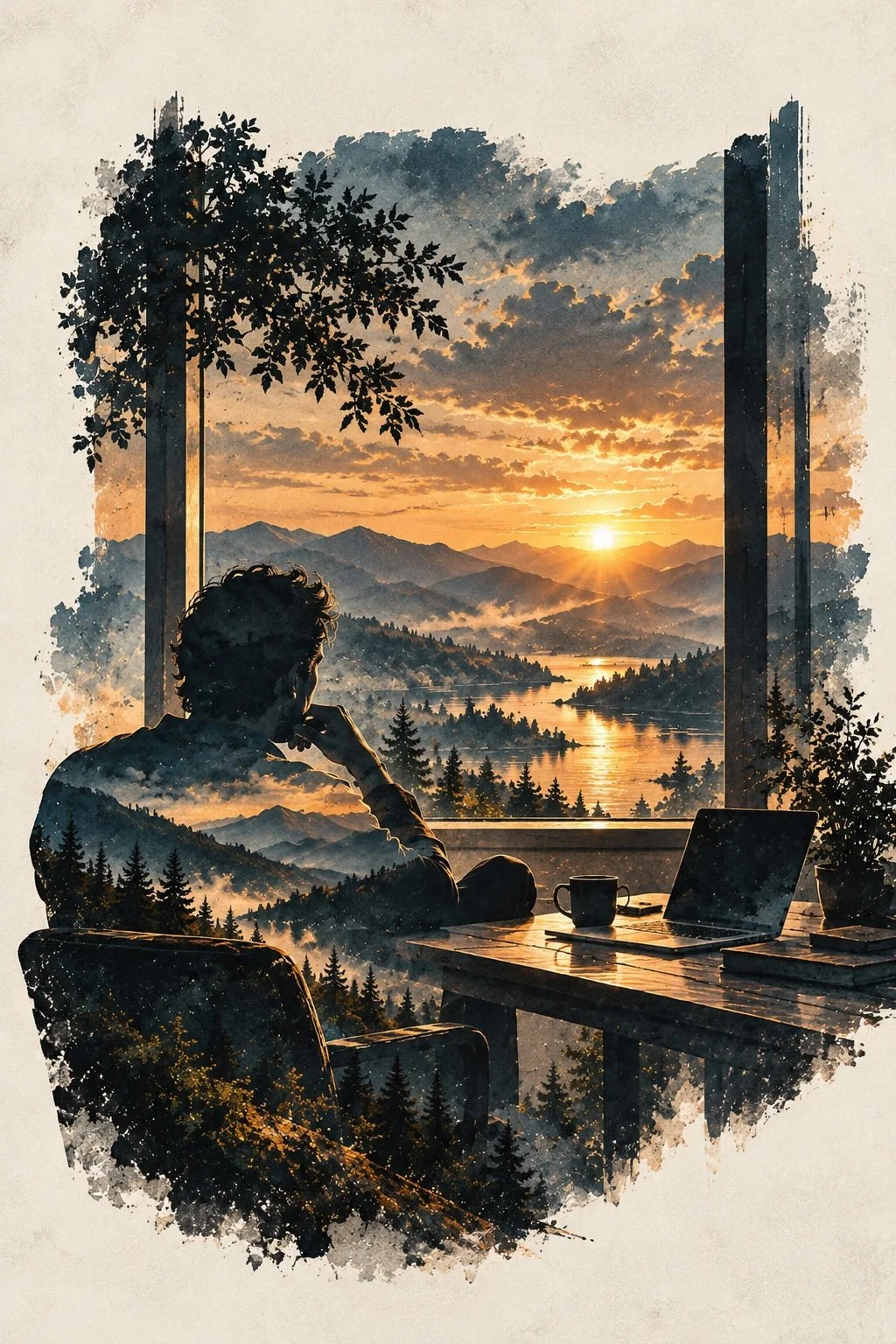 Person working on a laptop beside coffee overlooking a mountain lake at sunset