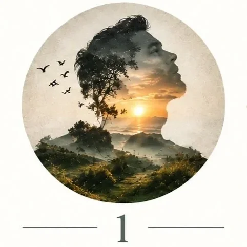 Surreal double-exposure portrait of a man overlooking a sunset mountain landscape with birds, framed in a circle above the number 1