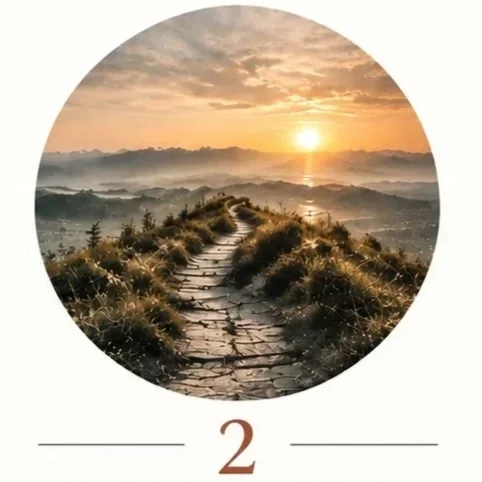 Sunrise over misty mountains with a stone trail through grassy hills, displayed above the number 2