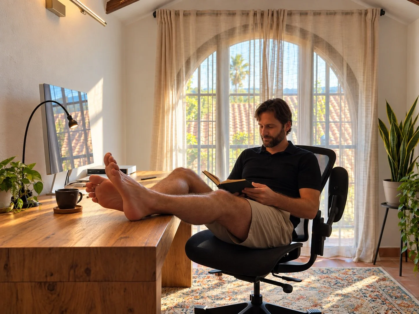 Man reclining barefoot in an office chair with his feet on a wooden desk, reading a book beside a monitor and houseplants.