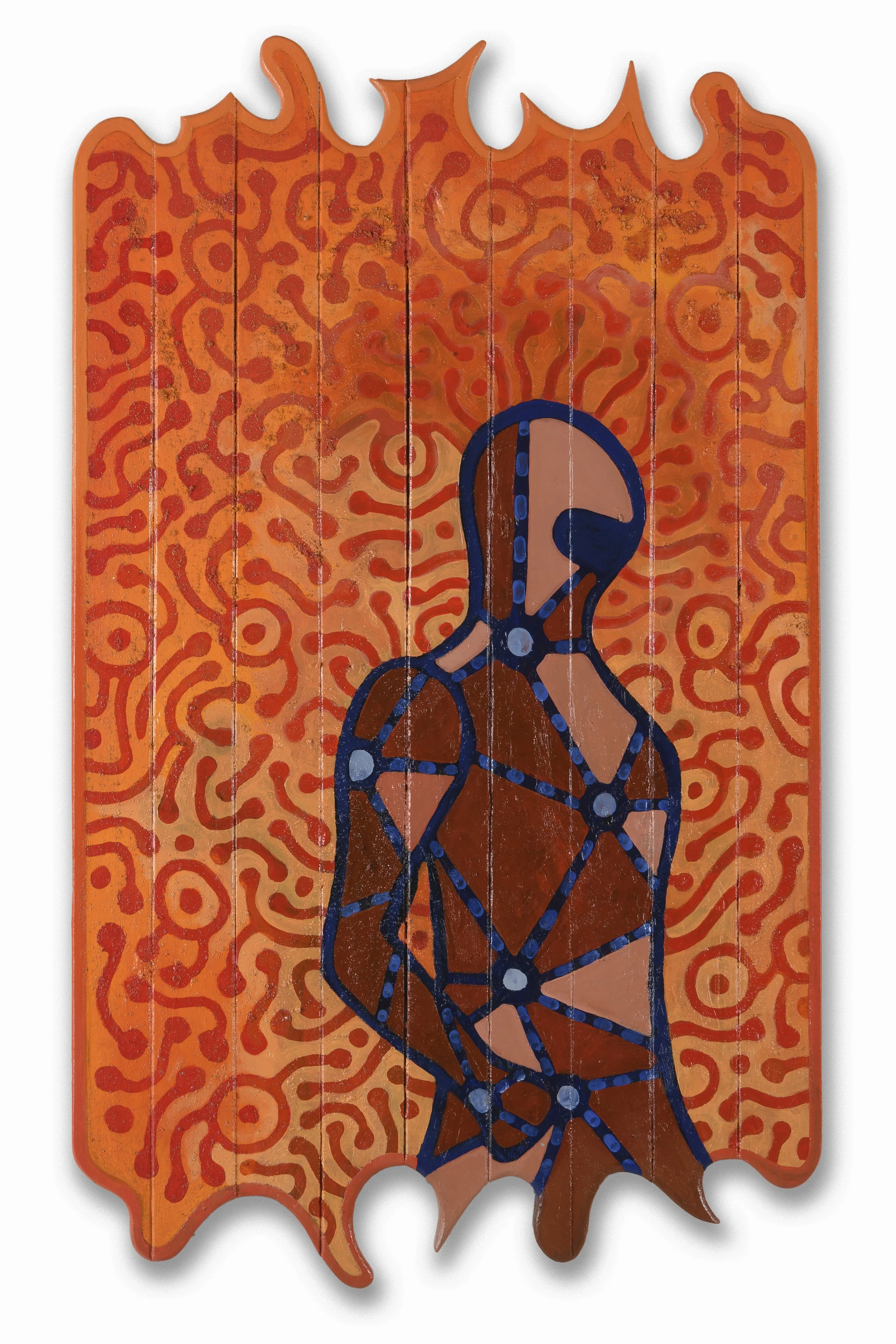 Pandora I, 2024, oil, oil stick, sawdust on reclaimed wood, 86x64cm
