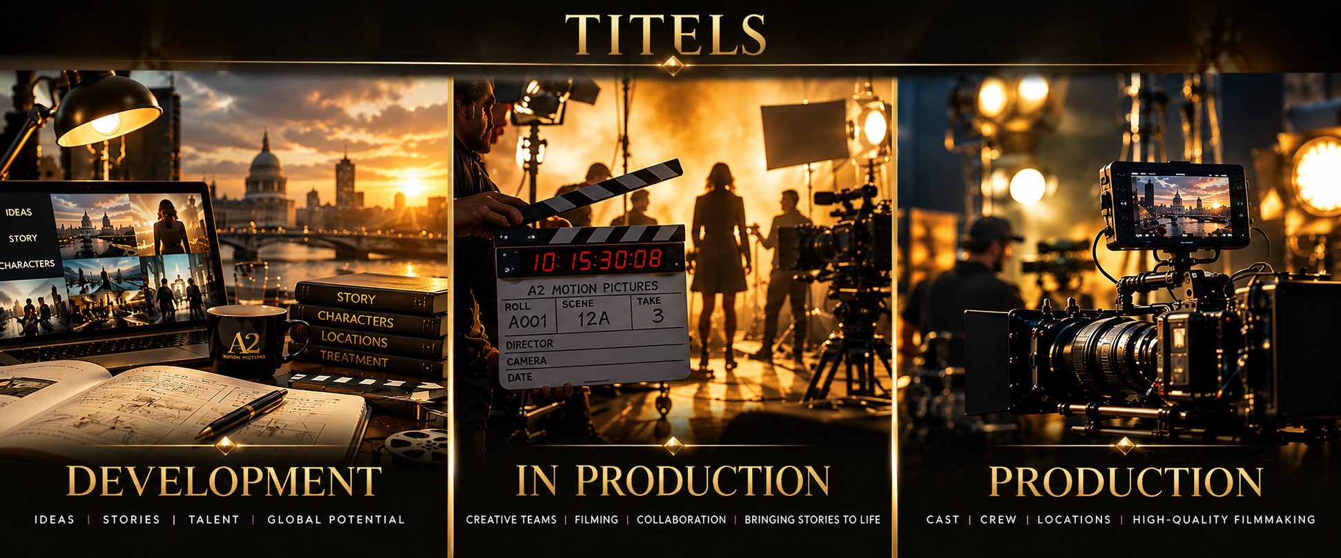 Filmmaking stages banner showing development, in production, and production with storyboards, film crew, cameras, and clapperboard