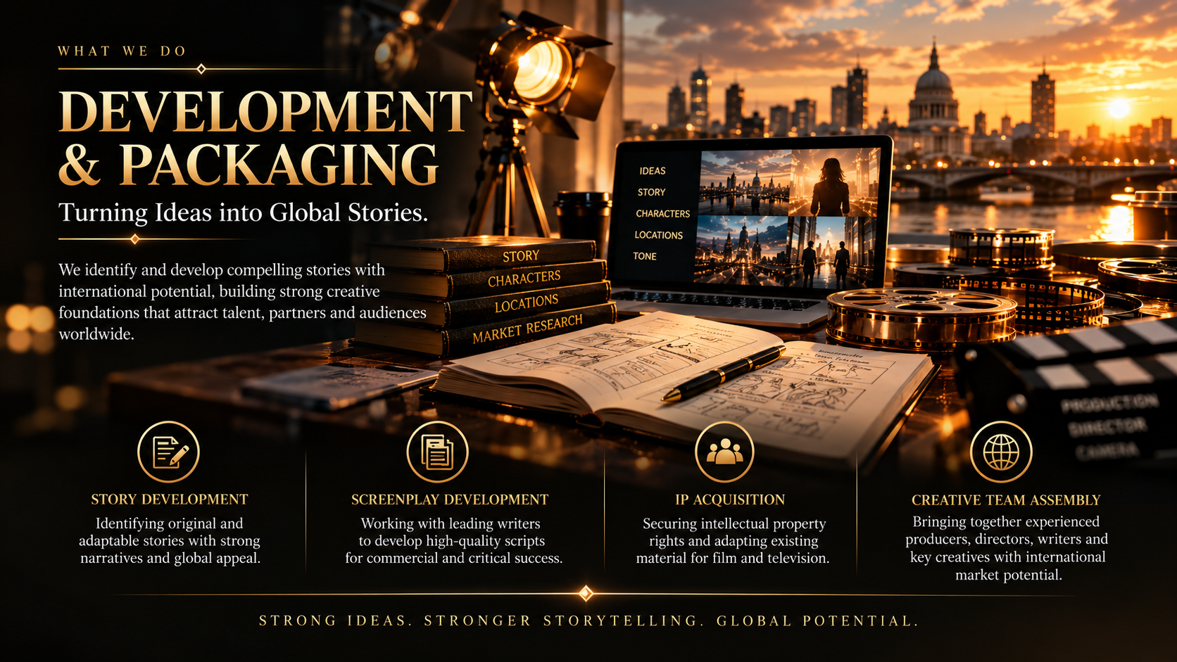 Development and packaging services for global film and television stories, featuring a laptop, screenplay sketches, film reels, clapperboard, and sunset city skyline.