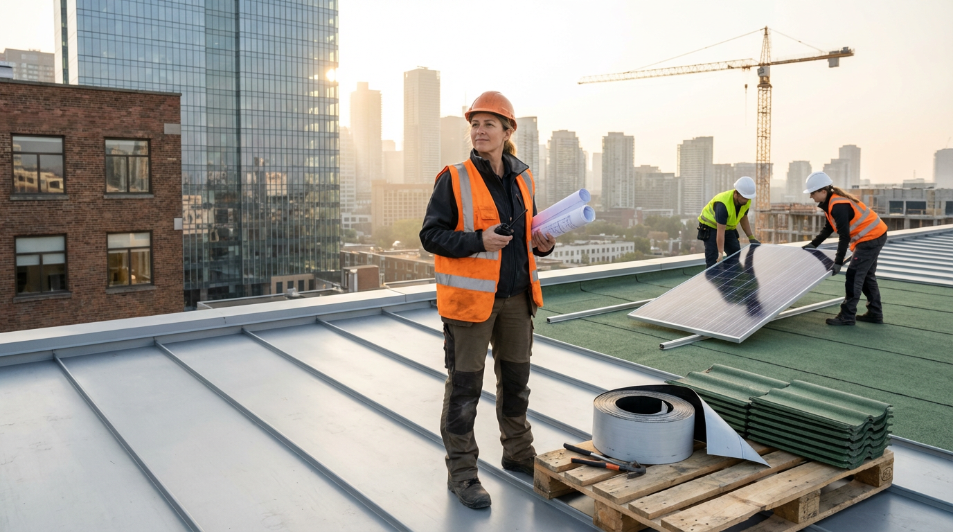 Construction workers installing solar panels on the roof of a building in an urban city, with a woman in the foreground holding blueprints and a walkie-talkie, and a crane in the background at sunset.