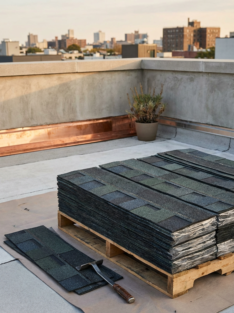 Stacks of roofing shingles on a pallet with a roofing hammer nearby on a rooftop, city skyline in the background.