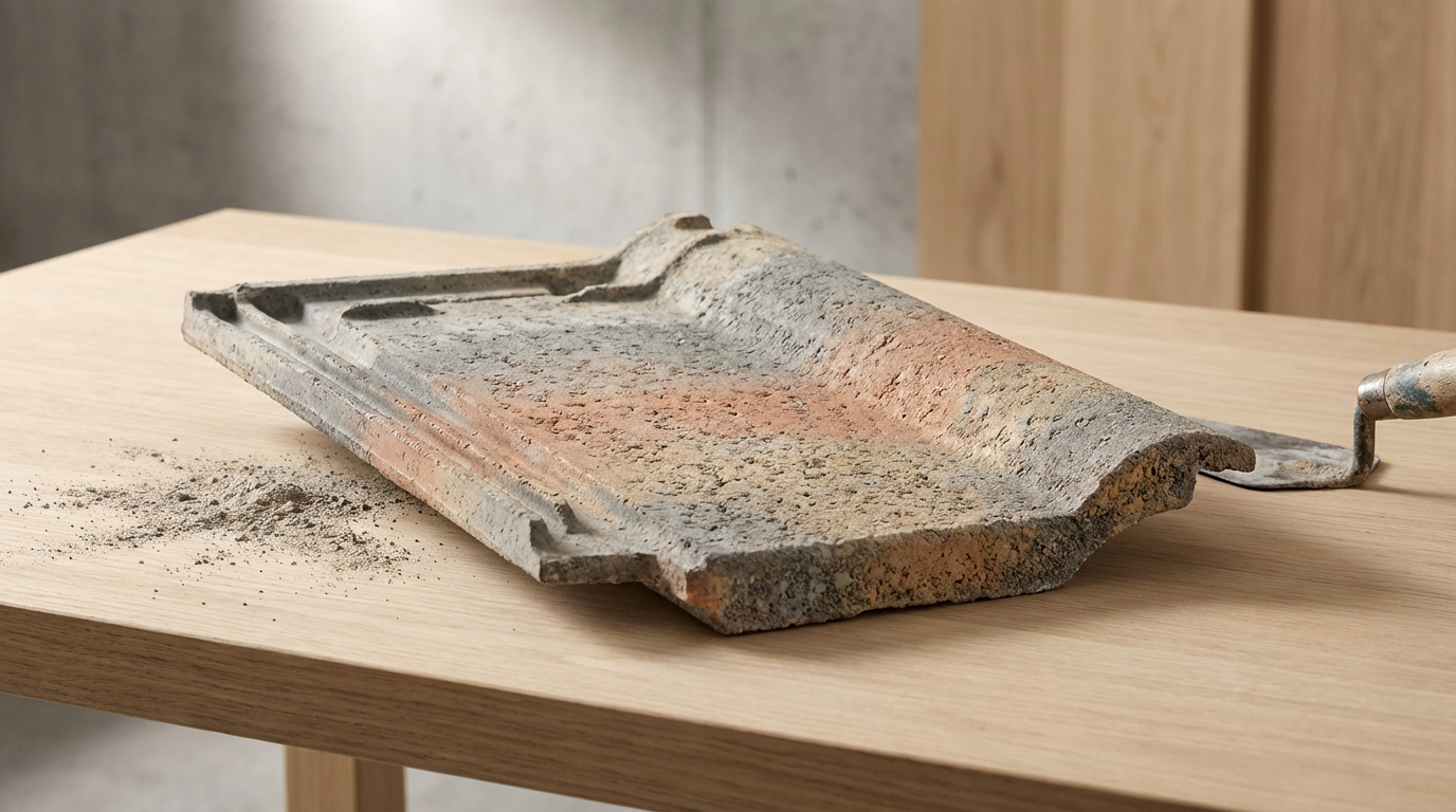 Dusty trowel with a long handle resting on a light wooden table, with loose dirt or dust beside it.