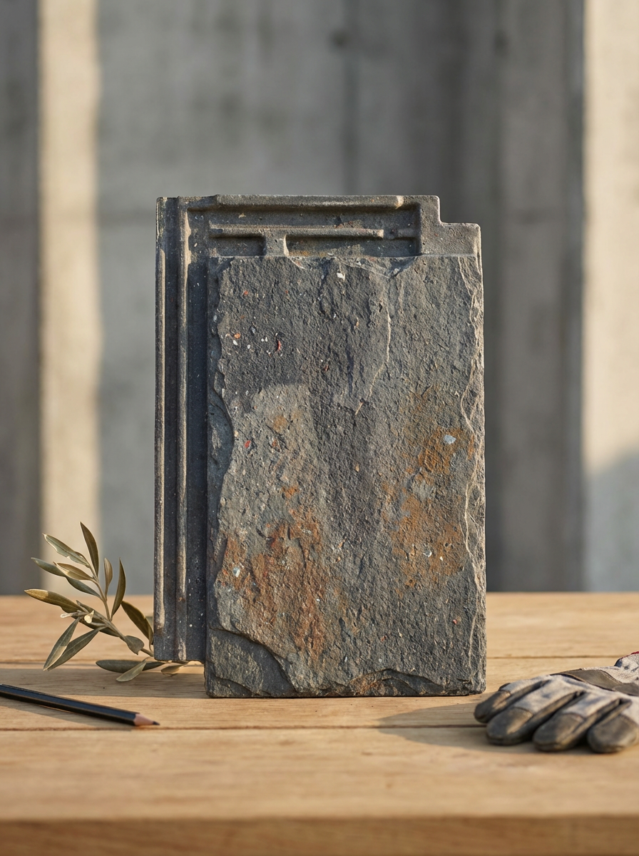 A piece of rusted metal with a rectangular shape, placed vertically on a wooden surface, with a small twig of leaves and a pair of work gloves nearby.