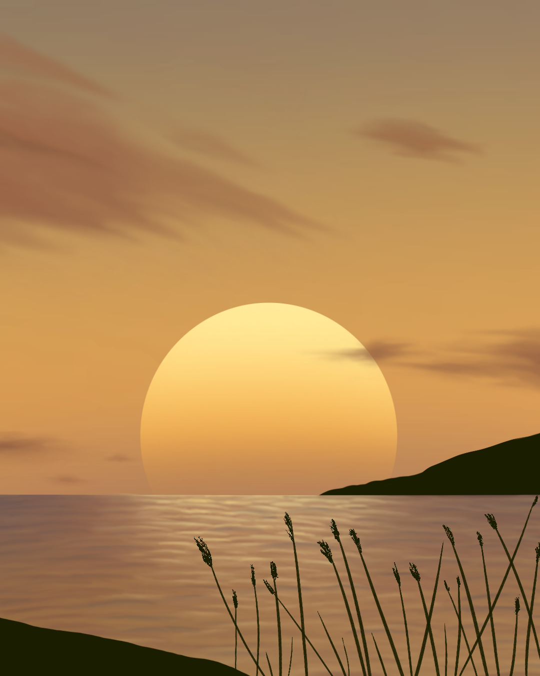 “Where Time Stands Still” — golden sunset over calm water, with clouds and silhouetted grasses in the foreground.