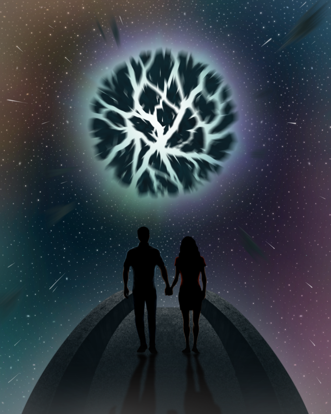 “The Path and the Unknown” — two silhouetted figures holding hands beneath a glowing celestial tree in a star-filled sky.
