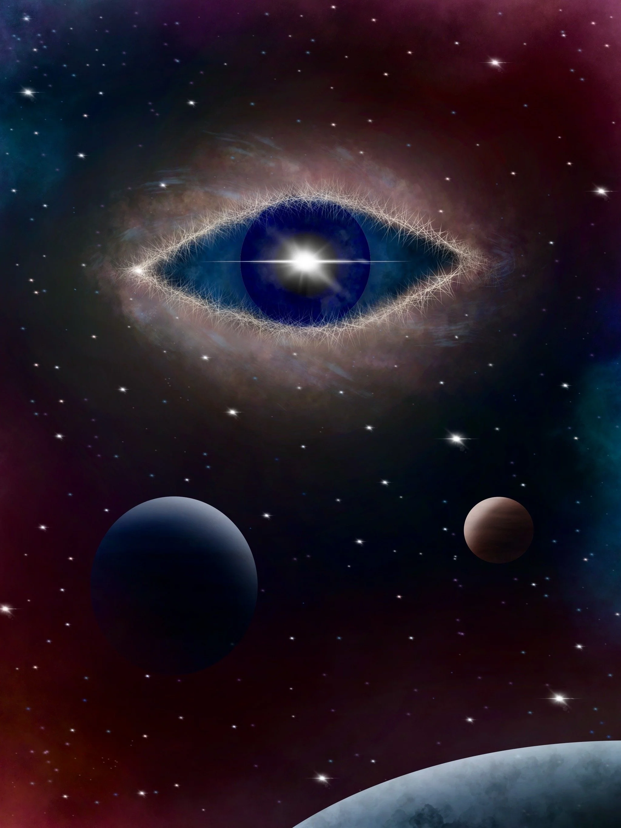 “Beyond the Gaze” — surreal cosmic eye surrounded by stars, planets, and glowing light in deep space.