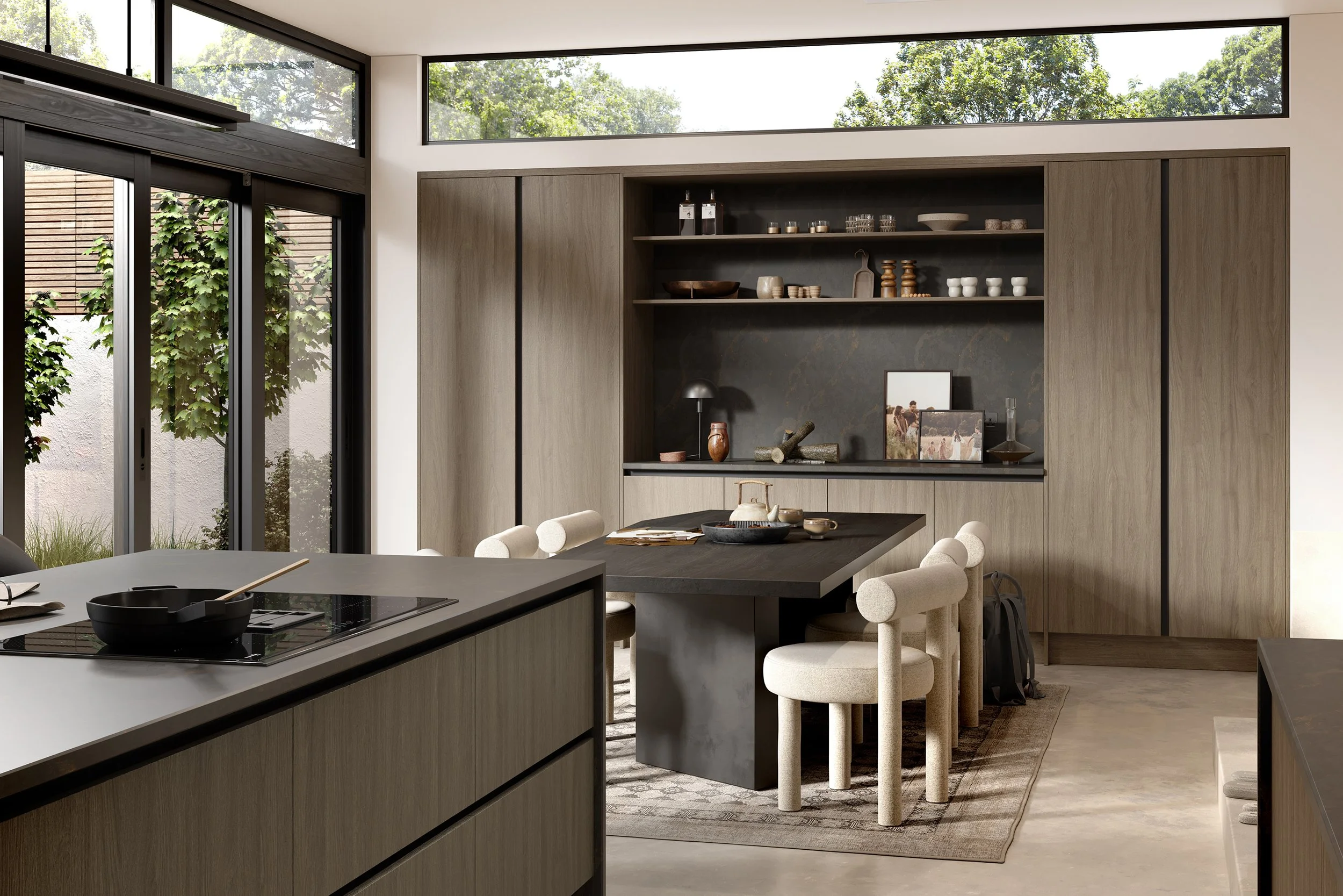 Modern minimalist kitchen and dining area with wood cabinetry, large windows, kitchen island, and open shelving