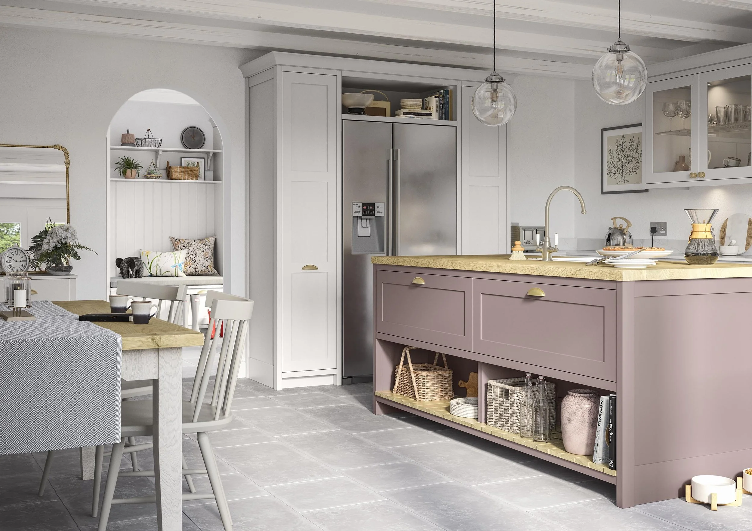 Bright modern kitchen with mauve island, butcher-block countertop, pendant lights, stainless steel refrigerator, dining table, and built-in shelving