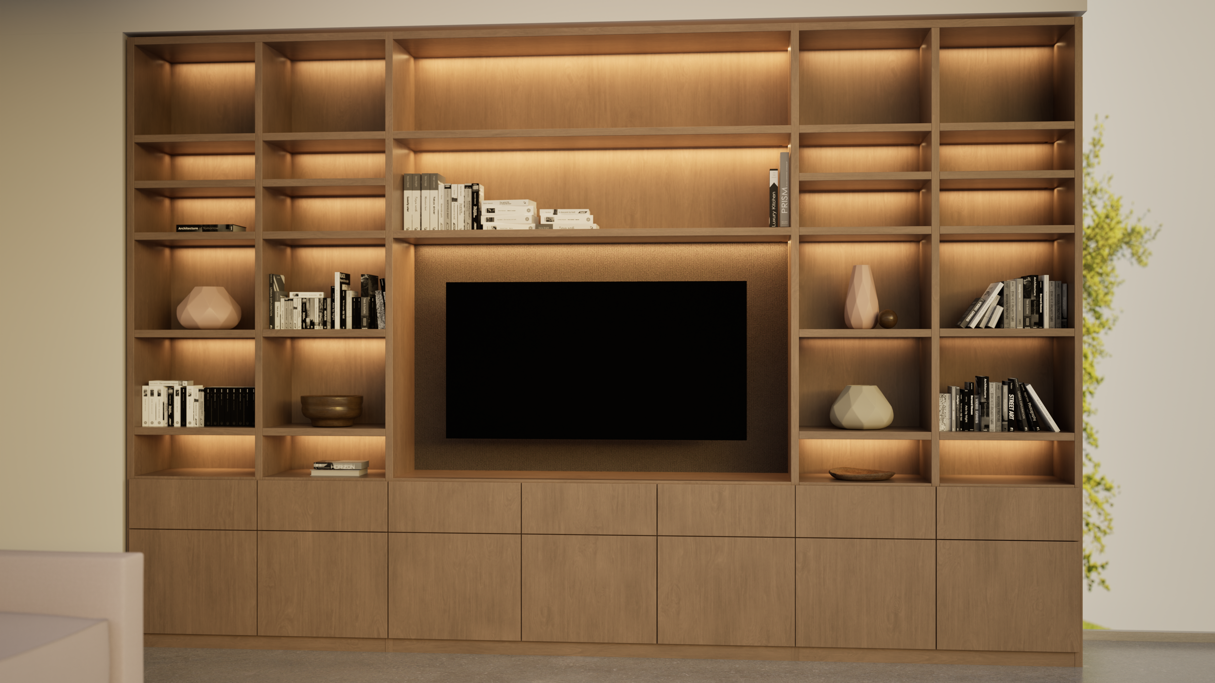 Modern wooden entertainment center with open shelves, some containing books and decorative vases, and a black TV in the center.