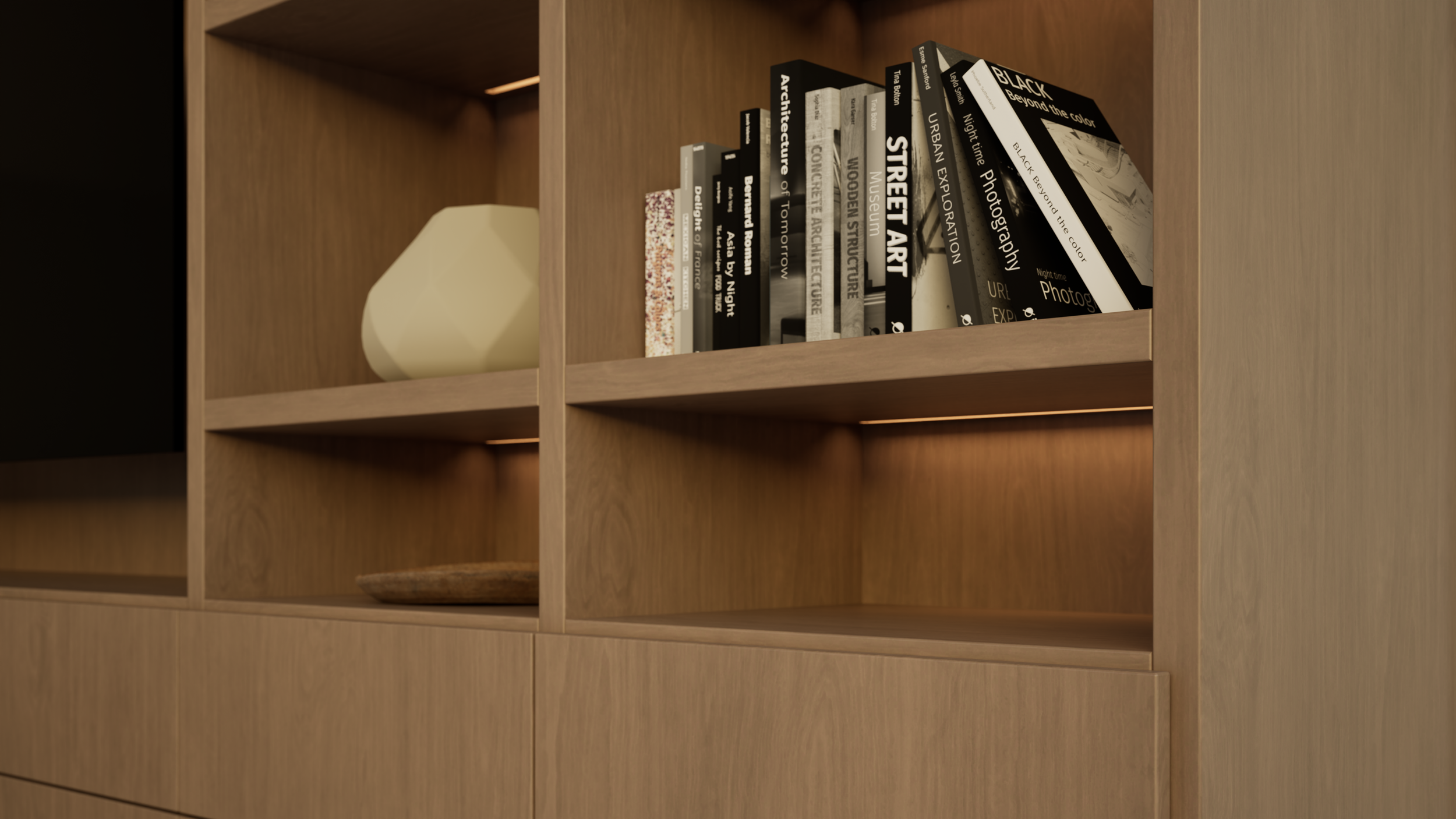 Wooden bookshelf with books and a decorative object.