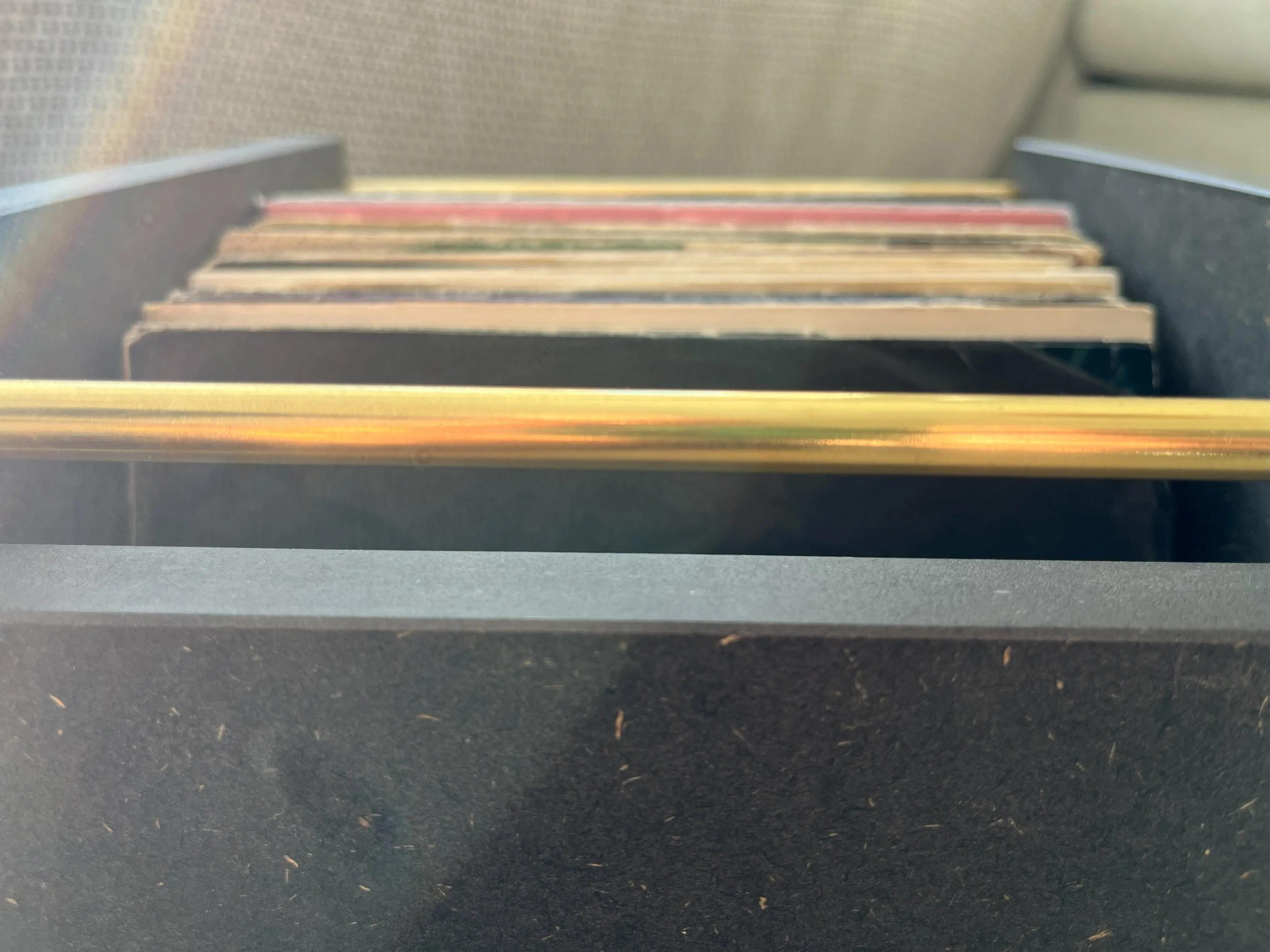 7 inch record holder with black sidewalls, taken from below at an angle.