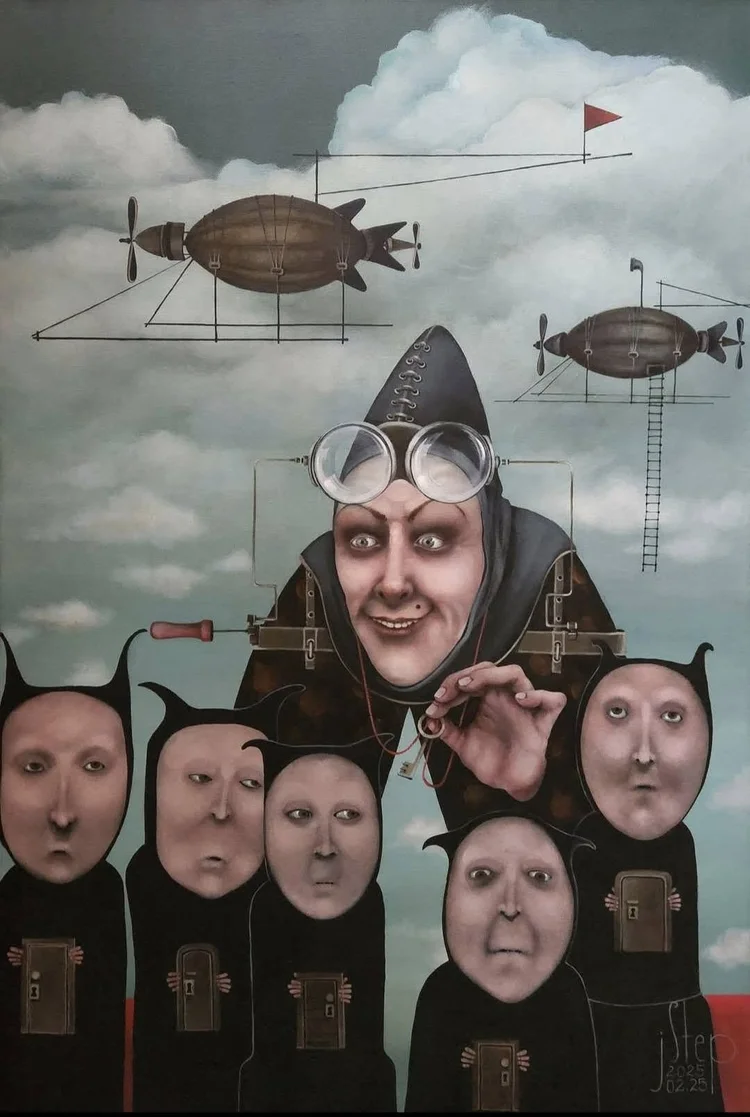 Keys to Heaven by Jolanta Talaikiene, a goggled figure among hooded faces beneath airships and clouds, acrylic on canvas