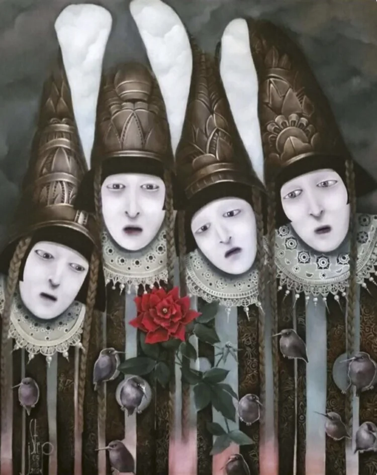 Autumn Birds by Jolanta Talaikiene, four pale figures in tall bronze hoods with a single red rose, acrylic on canvas