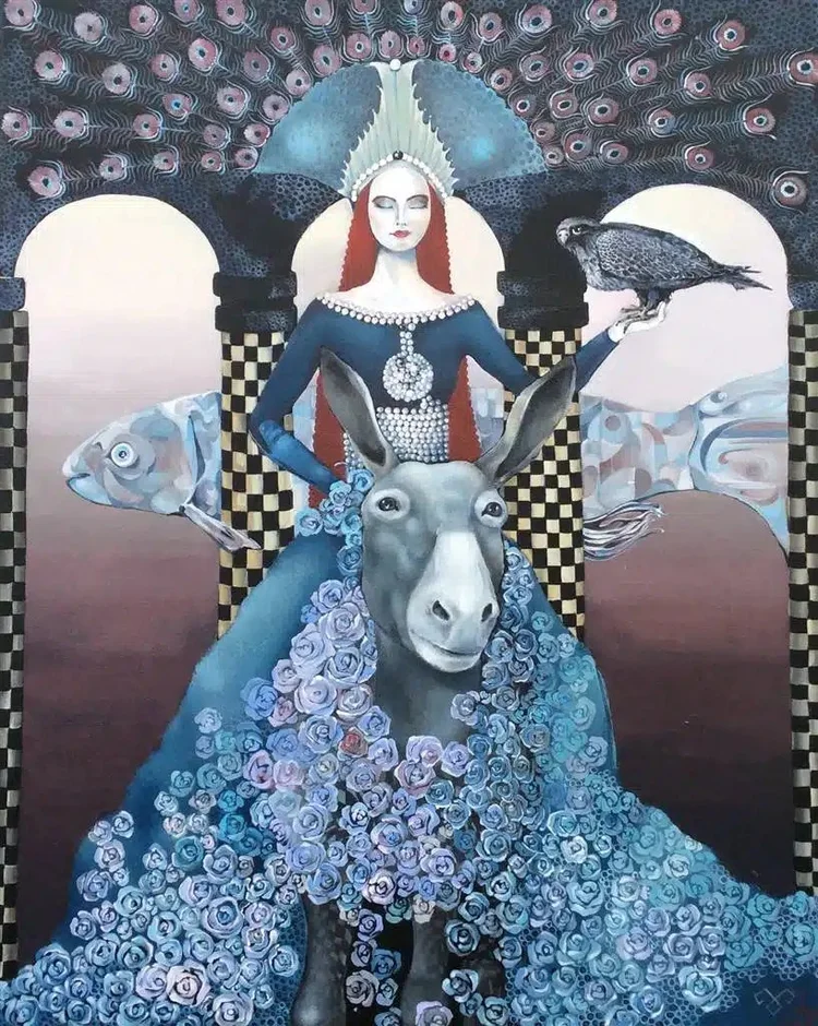 In Harmony by Jolanta Talaikiene, a red-haired woman in a peacock crown riding a donkey covered in roses, acrylic on canvas