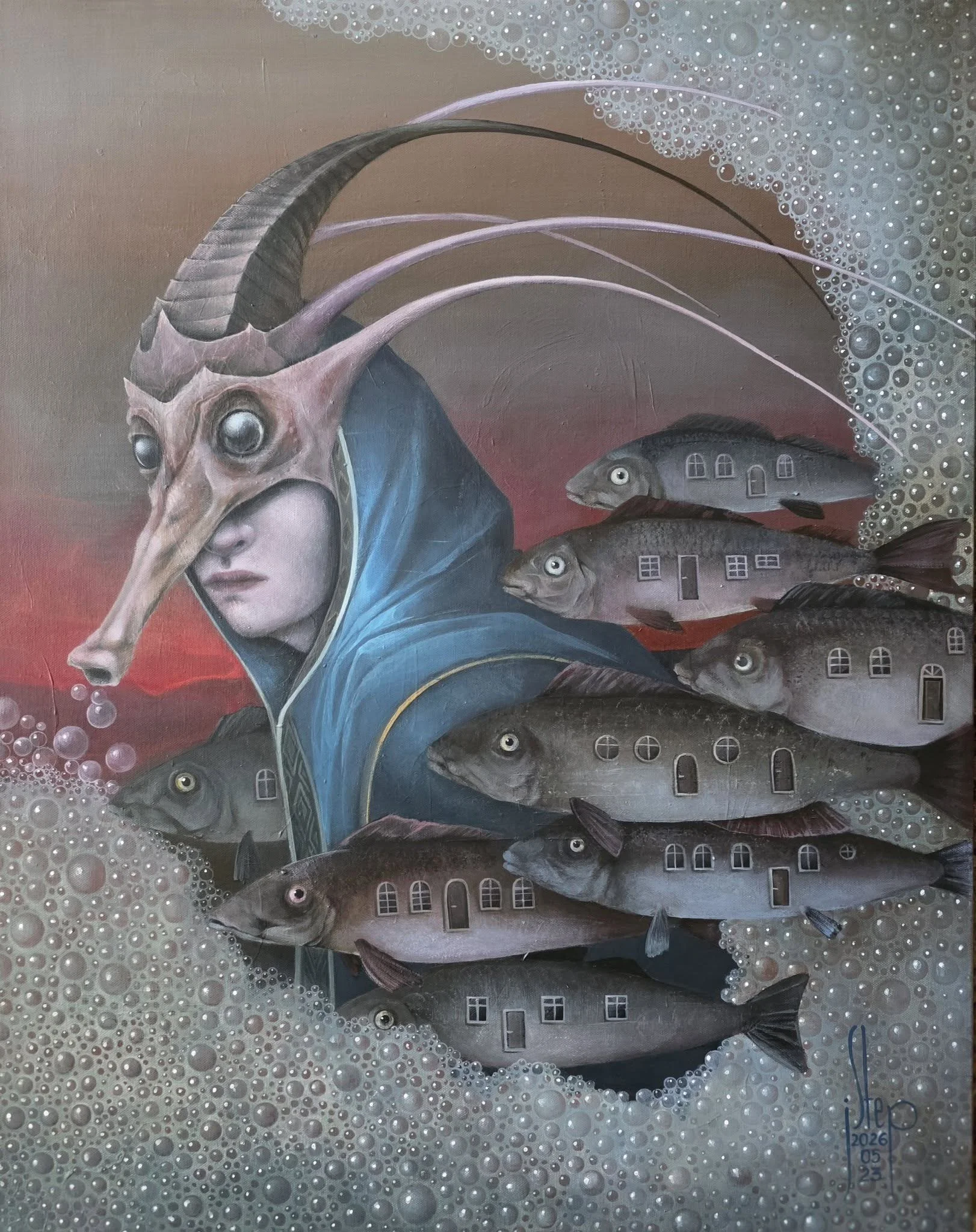 To the Land of Silence by Jolanta Talaikiene: a horned, masked shepherd guides fish carrying tiny windows, acrylic on canvas