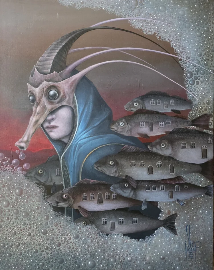 To the Land of Silence, 2025, original surreal painting by Jolanta Talaikiene