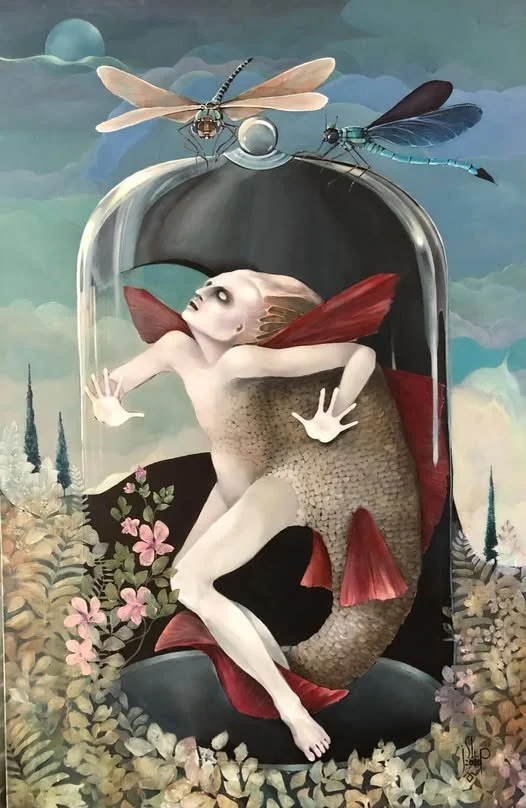 The Dragonfly by Jolanta Talaikiene, a mermaid figure under a glass dome with dragonflies, acrylic on canvas