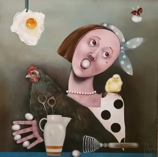 Ode to the Egg by Jolanta Talaikiene, a woman with a hen, a chick and a floating fried egg, acrylic on canvas