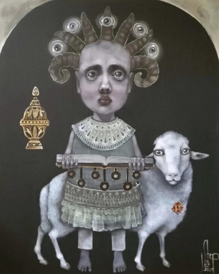 The Lamb and the Seven-Sealed Book by Jolanta Talaikiene, a crowned child holding a sealed book beside a white lamb, acrylic on canvas