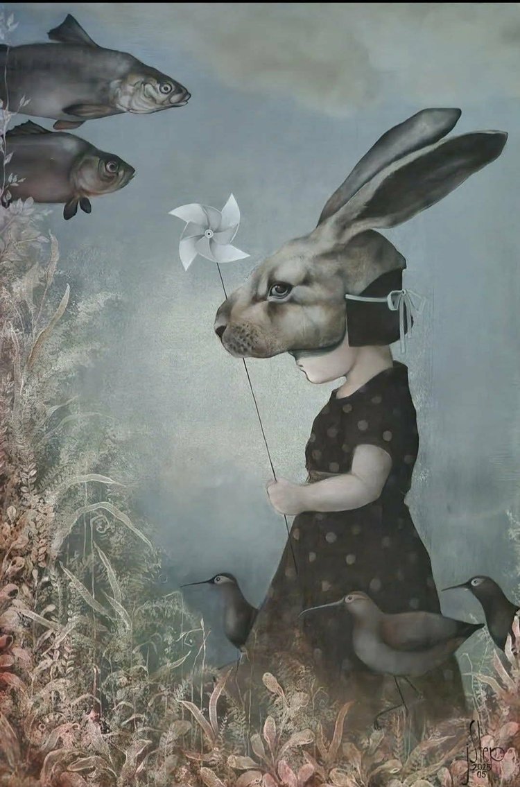Dreams From Childhood by Jolanta Talaikiene, a hare-masked girl holding a pinwheel among reeds, with fish drifting overhead, acrylic on canvas