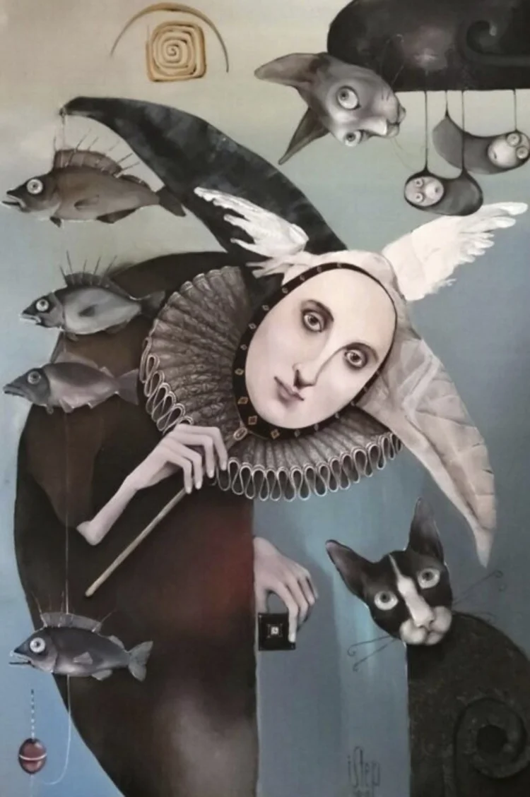 The Riddle by Jolanta Talaikiene, a ruffed figure with fish, birds and a cat in a dreamlike sky, acrylic on canvas