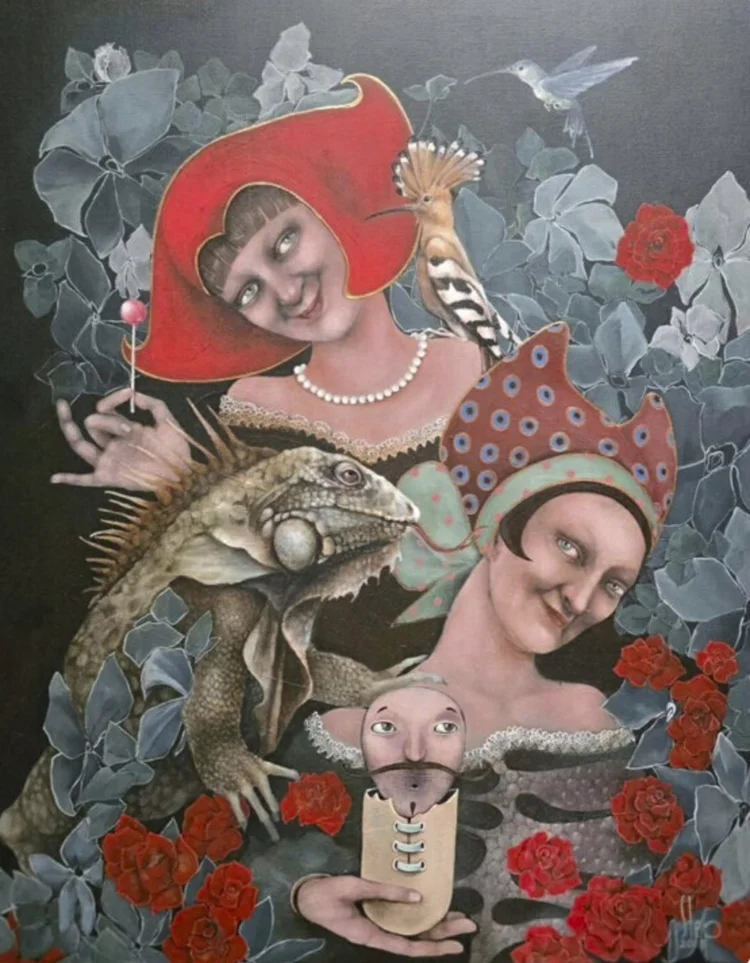 Dulcineas by Jolanta Talaikiene, two women in red hats with an iguana among red roses, acrylic on canvas