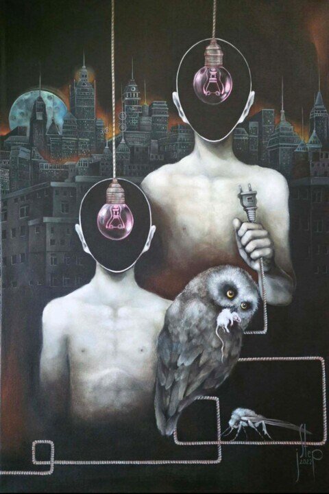 Twenty Twenty Two by Jolanta Talaikiene, two figures with light-bulb heads, an owl and a night city, acrylic on canvas