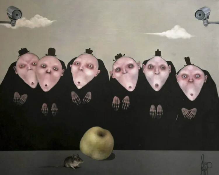Apple by Jolanta Talaikiene, a row of watchful figures in black facing a single apple and a mouse, acrylic on canvas