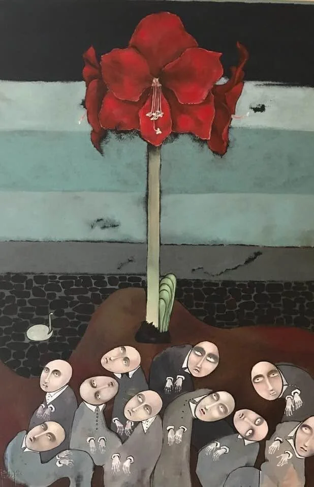 Amaryllis by Jolanta Talaikiene, a red amaryllis rising above a crowd of small faces, acrylic on canvas