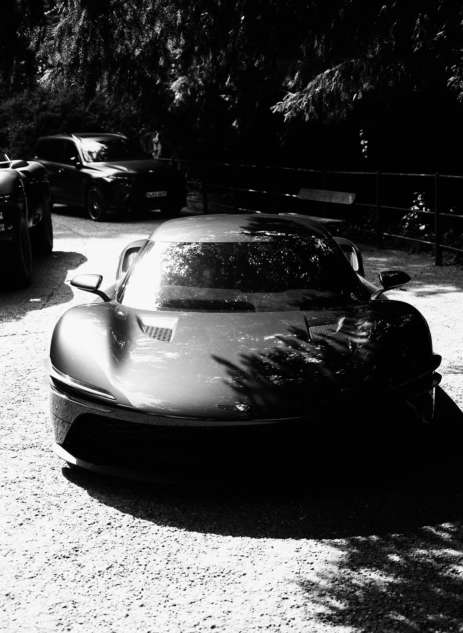 A black sports car parked on a gravel surface with shadows and reflections from nearby trees, in a natural outdoor setting.