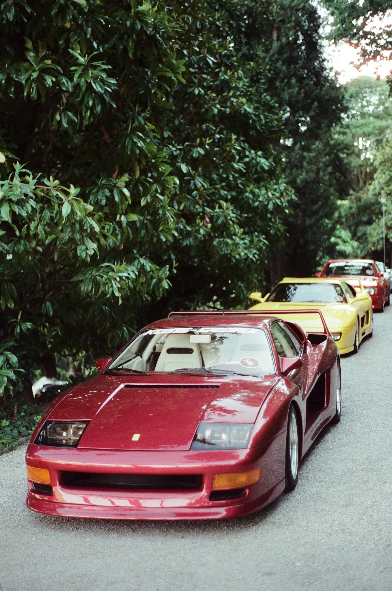 A red sports car parked on a gravel road next to dense green foliage, with other cars visible behind it.