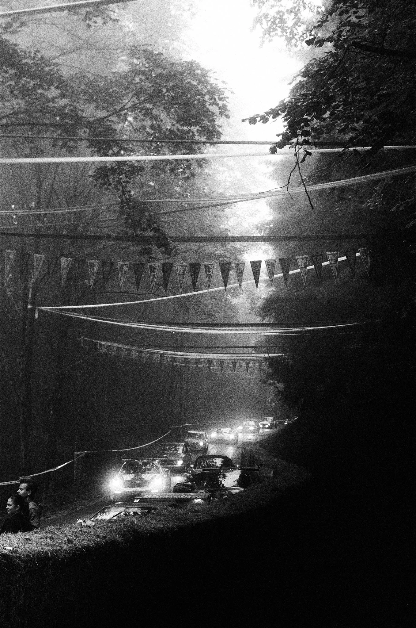 Nighttime scene of a street with parked and moving cars, trees on the sides, electrical wires overhead, and a foggy or misty atmosphere with bright light in the background.