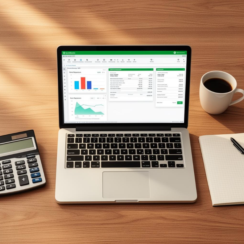 Laptop with an accounting dashboard beside a notebook and plant in a tidy home office.
