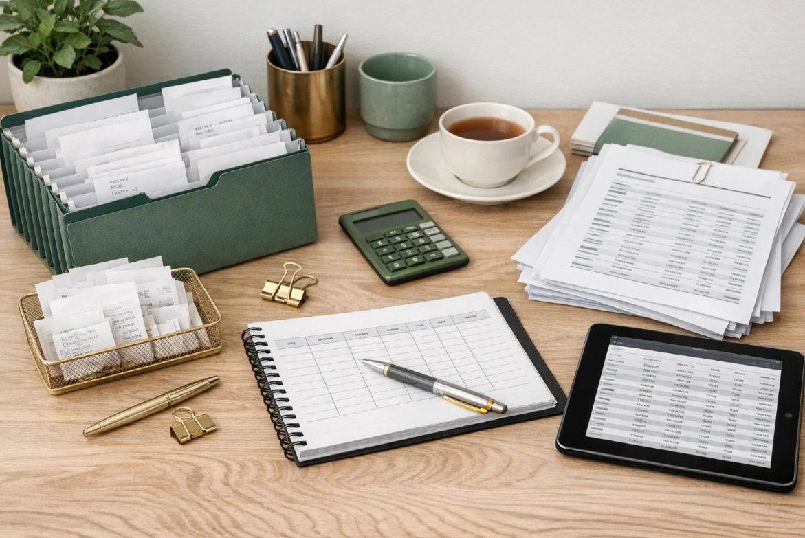 Organized folders, receipts, and financial paperwork beside a laptop and notebook.