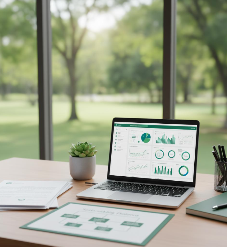 Laptop displaying financial charts and reports on a clean desk in a natural-light home office.