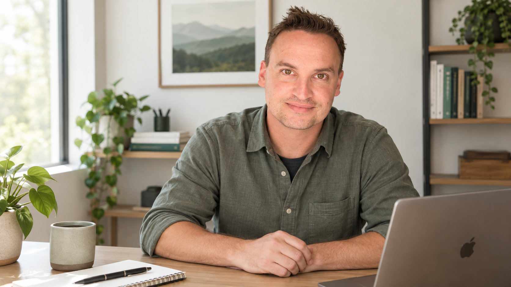 A man sitting at a desk with a laptop, notebook, pen, and coffee cup in a bright room with plants and a mountain landscape picture on the wall.