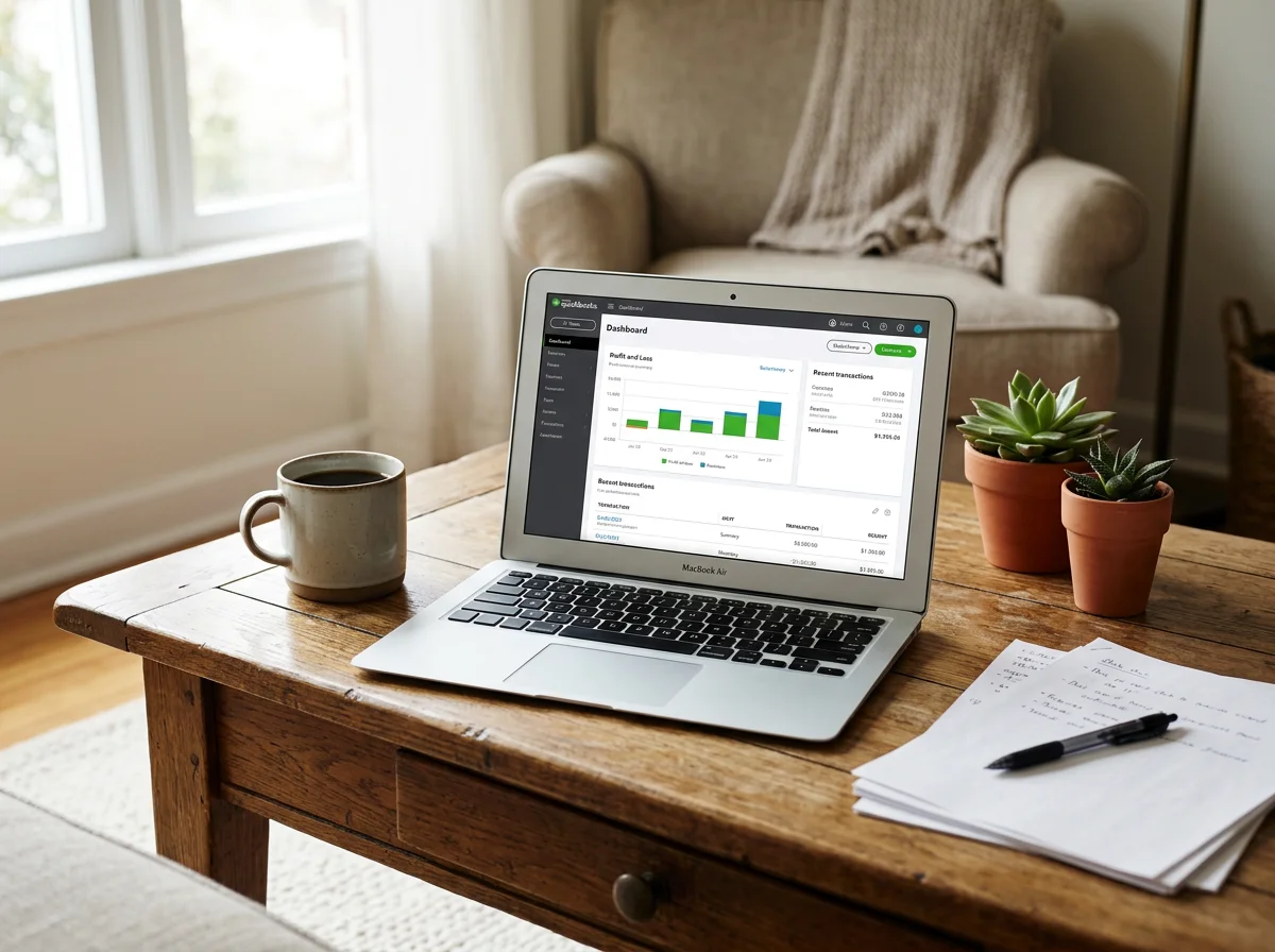A wooden desk with a MacBook displaying a financial dashboard, a cup of coffee, two potted succulents, a stack of handwritten notes, and a black pen in a cozy room with armchair and large window.